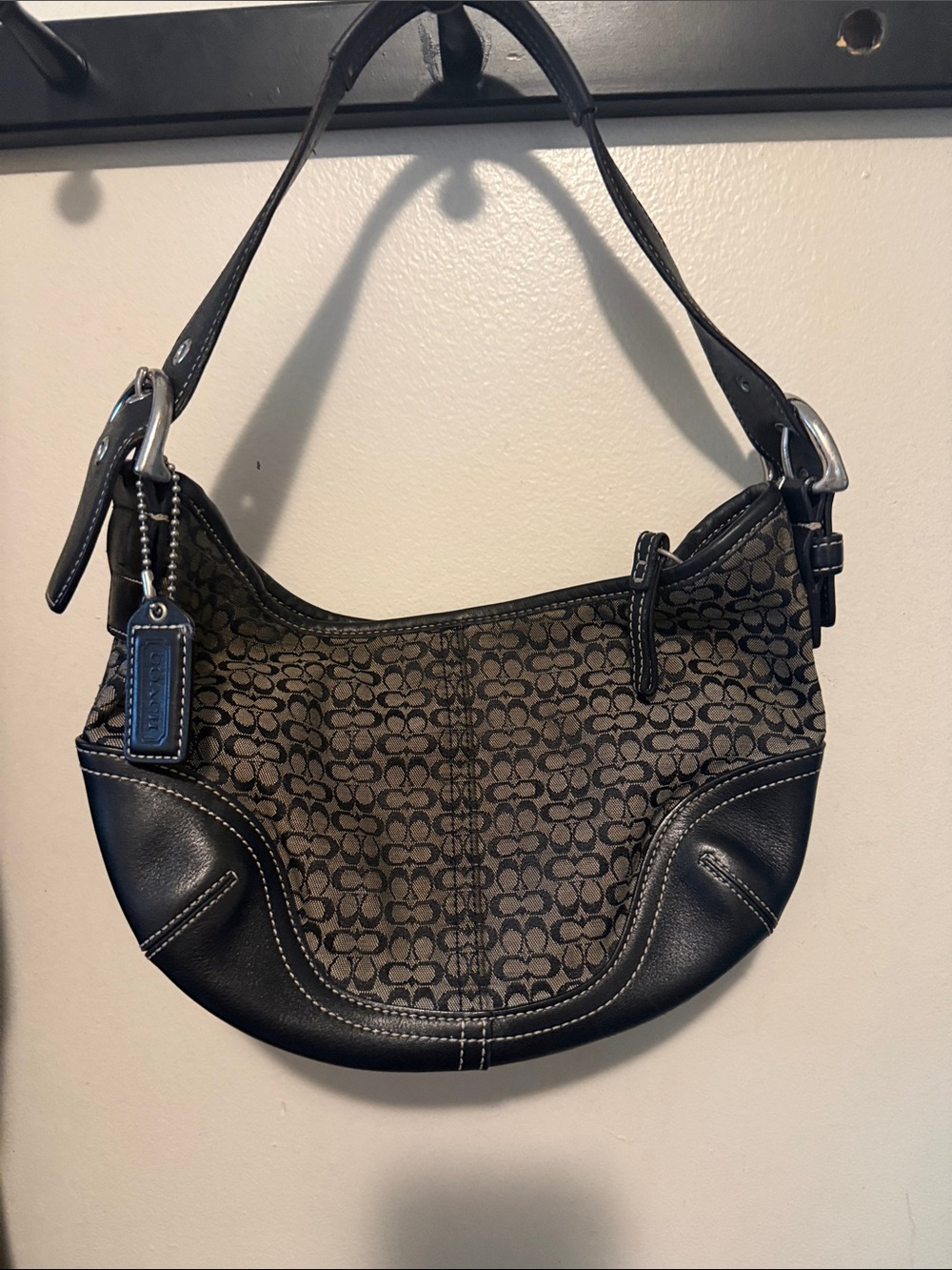 Coach Brown Signature Jacquard Shoulder Bag with Black Leather Trim